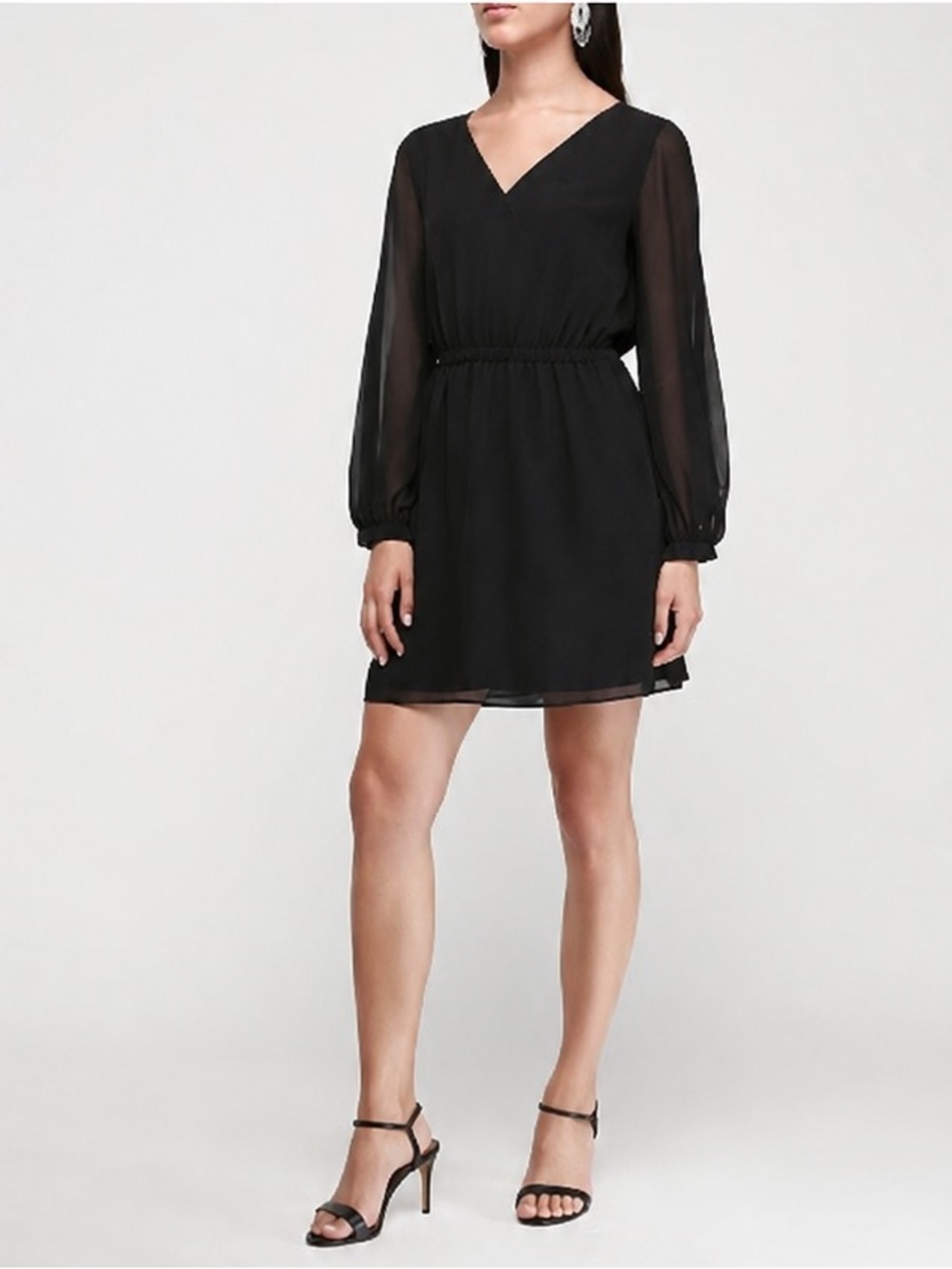 🔴 4/$15 EXPRESS Women’s XS Black Chiffon LS V-Neck Fit & Flare Mini Dress in EUC